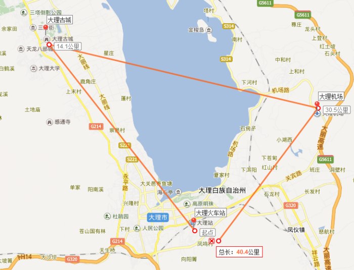 从大理到洱海自驾车路线图