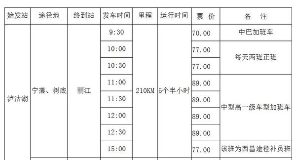 泸沽湖到丽江汽车时刻表