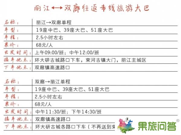 双廊到丽江旅游专线直通车发车时间和价格表