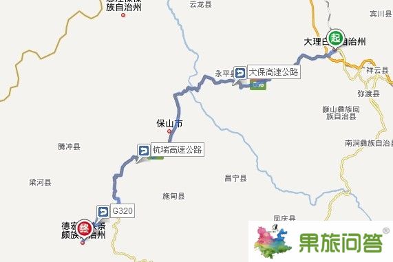 大理到芒市自驾车地图