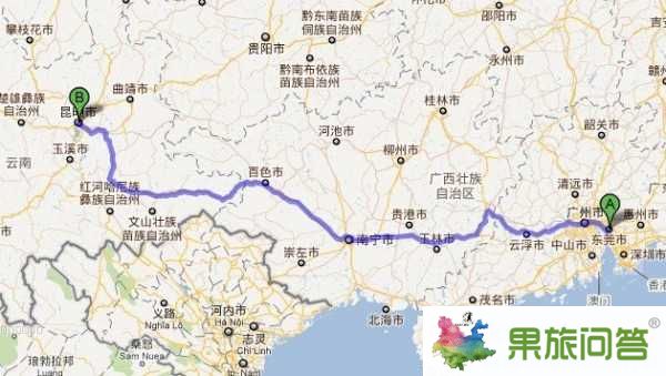 从广东东莞到昆明线路图